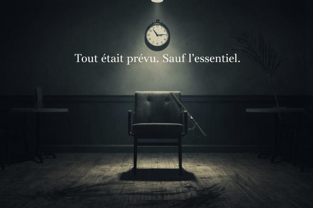 Chaise seule sous une lumière avec une horloge, symbole du pouvoir et de la conscience